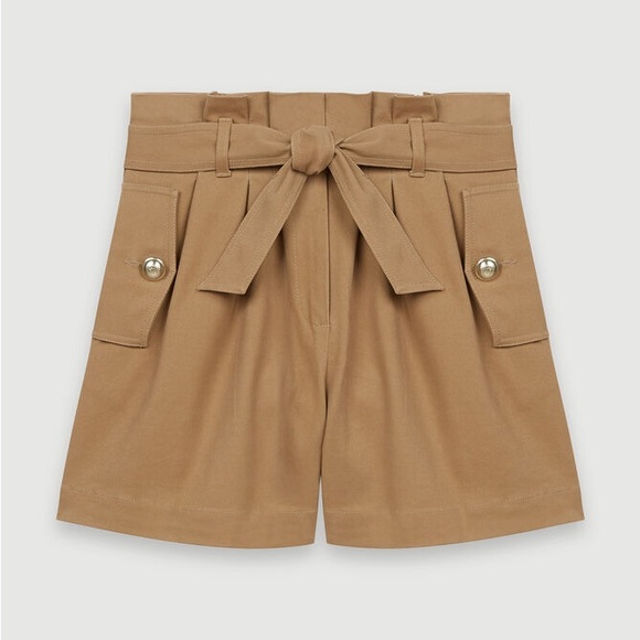 Maje Camel Cotton Canvas Belted Shorts - Picture 6 of 13